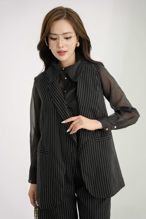 Sixdo Black Stripe Woven Waistcoat